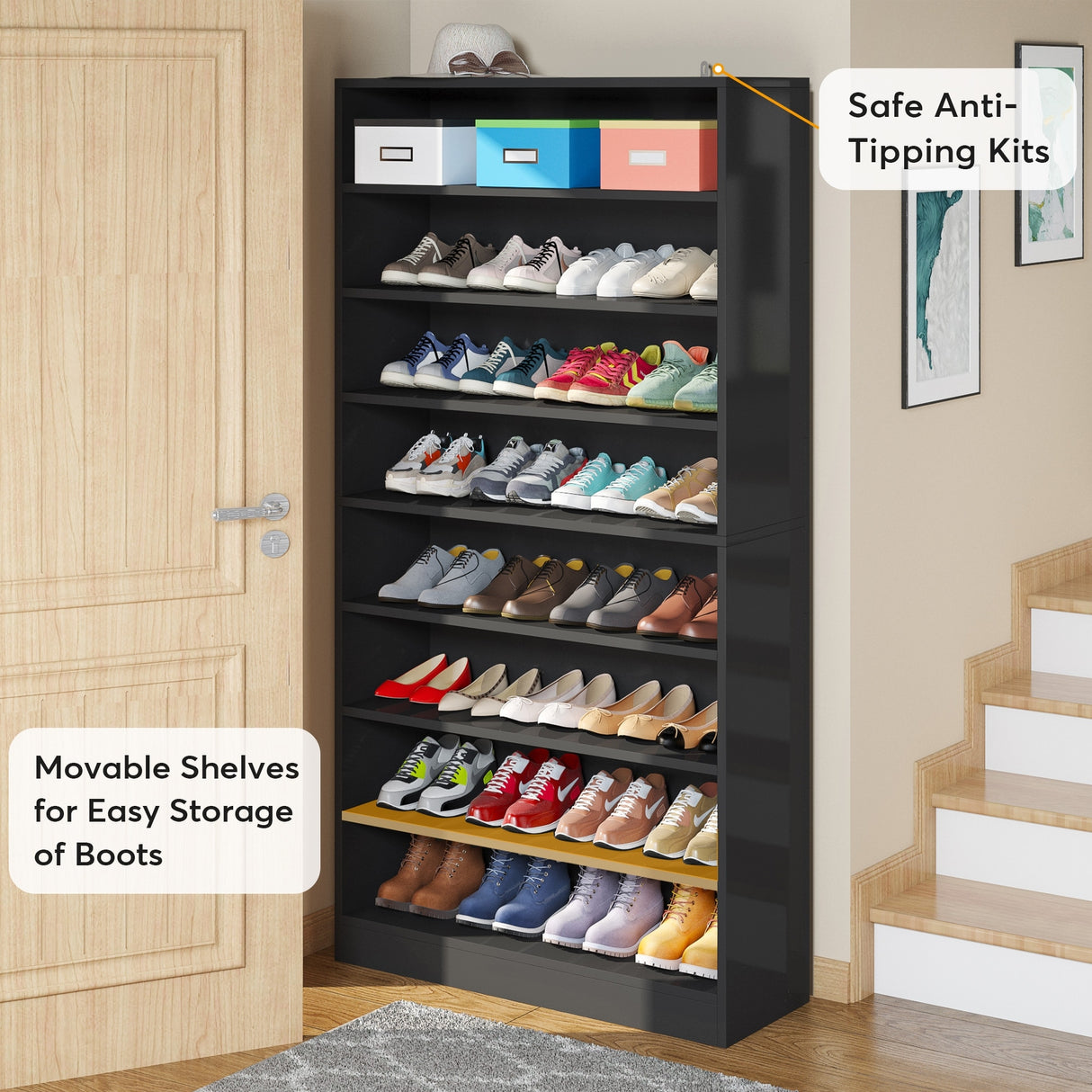 9 Tiers Shoe Cabinet 40-45 Pairs Heavy Duty Wood Freestanding Shoe Storage Cabinet with Open Storage for Entryway