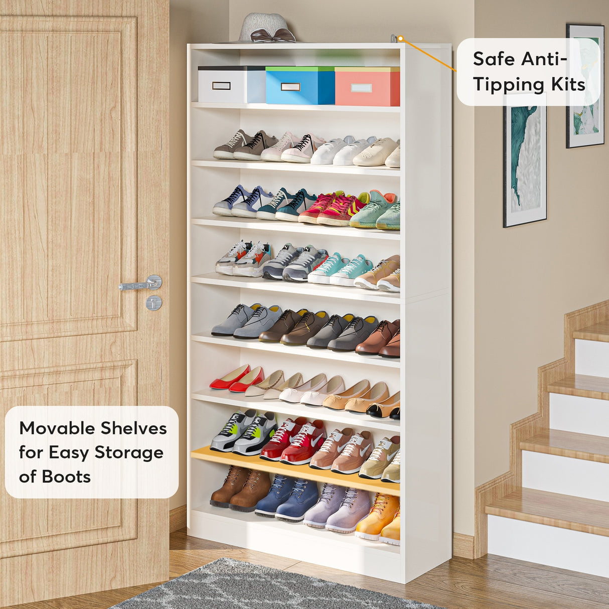 9 Tiers Shoe Cabinet 40-45 Pairs Heavy Duty Wood Freestanding Shoe Storage Cabinet with Open Storage for Entryway