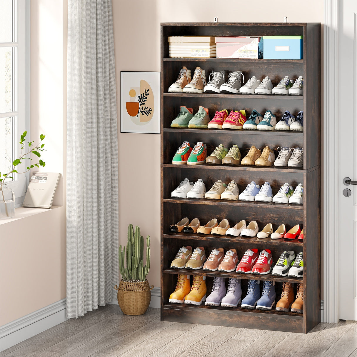 9 Tiers Shoe Cabinet 40-45 Pairs Heavy Duty Wood Freestanding Shoe Storage Cabinet with Open Storage for Entryway