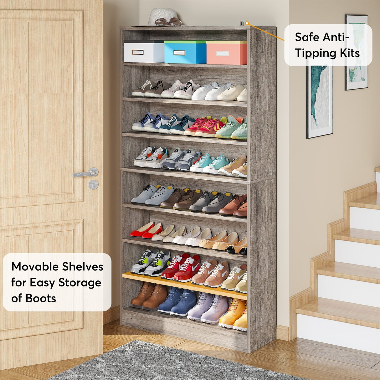 9 Tiers Shoe Cabinet 40-45 Pairs Heavy Duty Wood Freestanding Shoe Storage Cabinet with Open Storage for Entryway