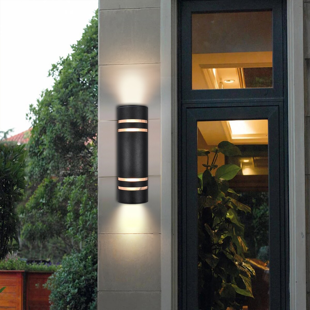 2 Pack 9 in. 2-Light Modern Industrial Cylindrical Outdoor Waterproof Lantern Wall Sconces with Light Sensor