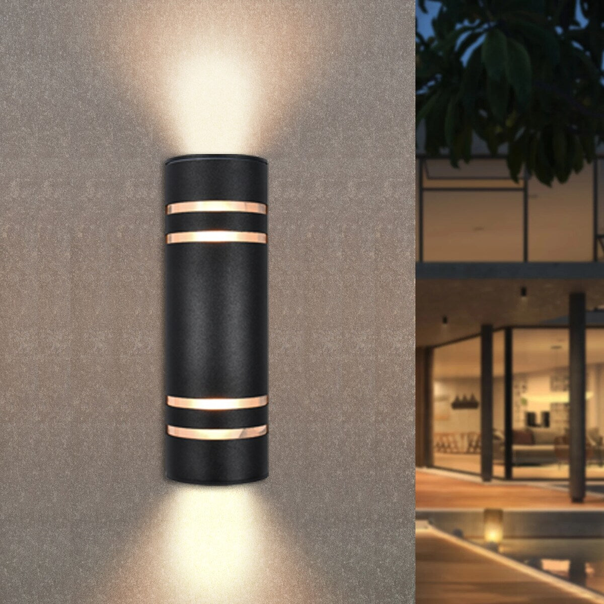 2 Pack 9 in. 2-Light Modern Industrial Cylindrical Outdoor Waterproof Lantern Wall Sconces with Light Sensor