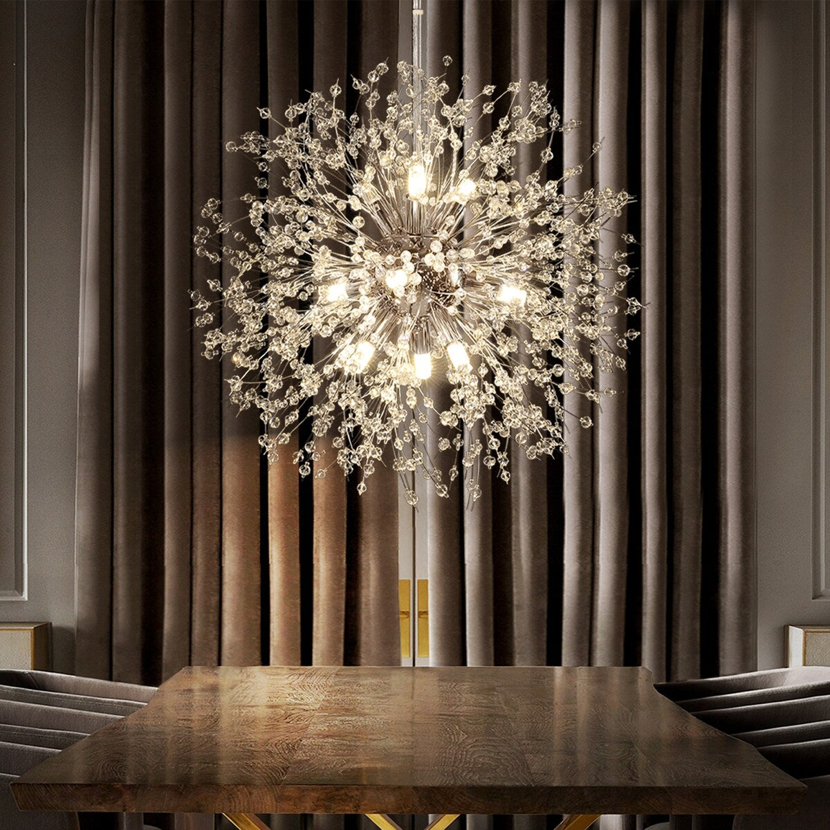 9-light Chrome Modern Firework Chandelier Crystal Pendant Lighting - 19.7inch