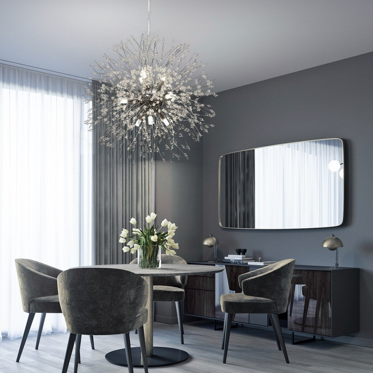 9-light Chrome Modern Firework Chandelier Crystal Pendant Lighting - 19.7inch