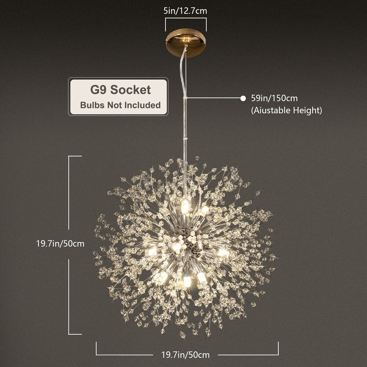 9-light Chrome Modern Firework Chandelier Crystal Pendant Lighting - 19.7inch
