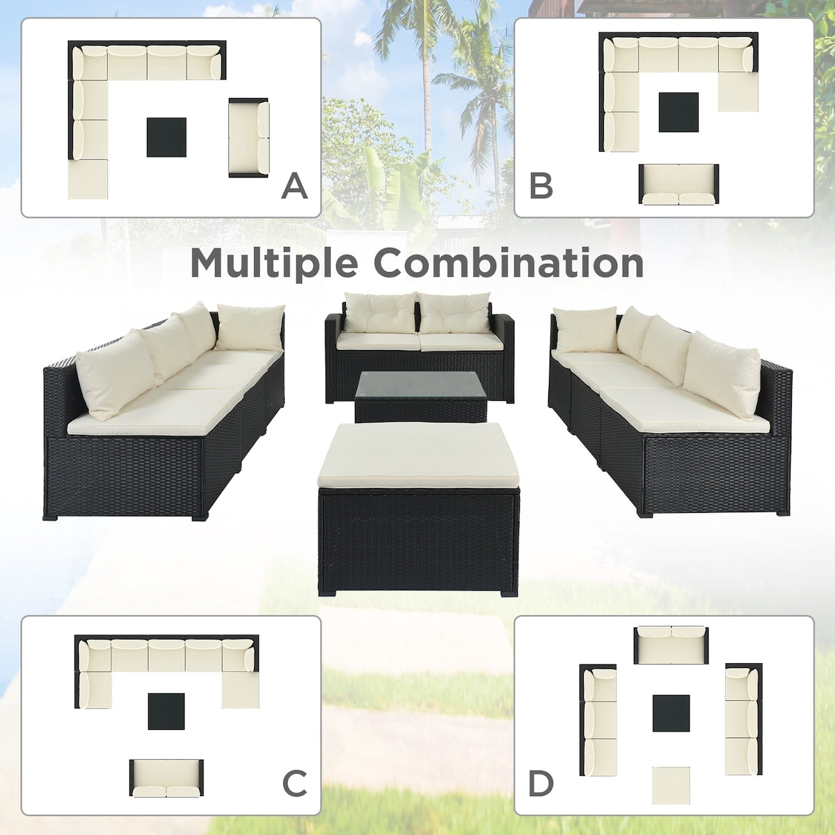 9-piece Outdoor Patio Large Wicker Sofa Set, Rattan Sofa set with Cushion for Garden, Backyard