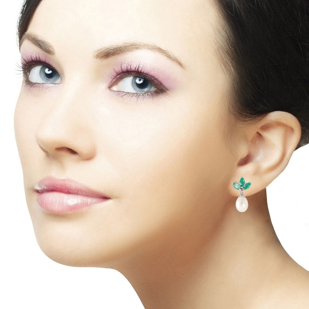 9.5 Carat 14K Solid White Gold Dangling Earrings pearl Emerald
