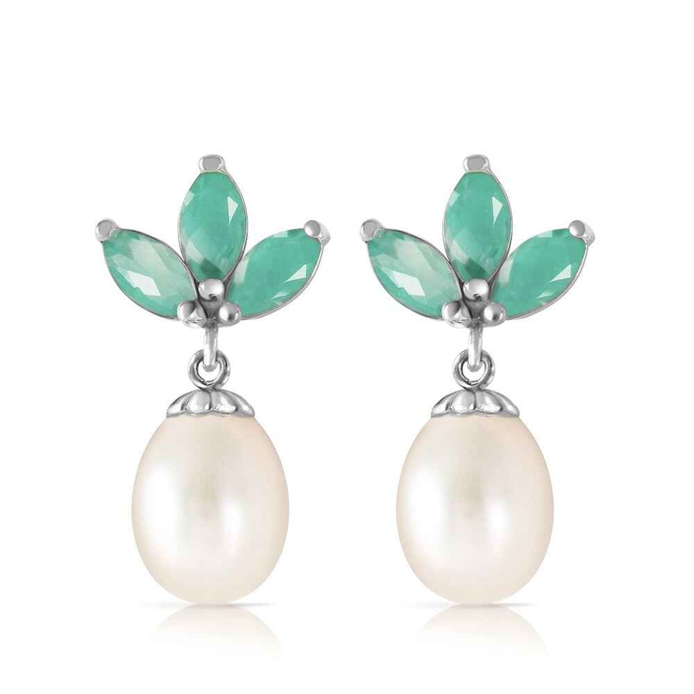 9.5 Carat 14K Solid White Gold Dangling Earrings pearl Emerald