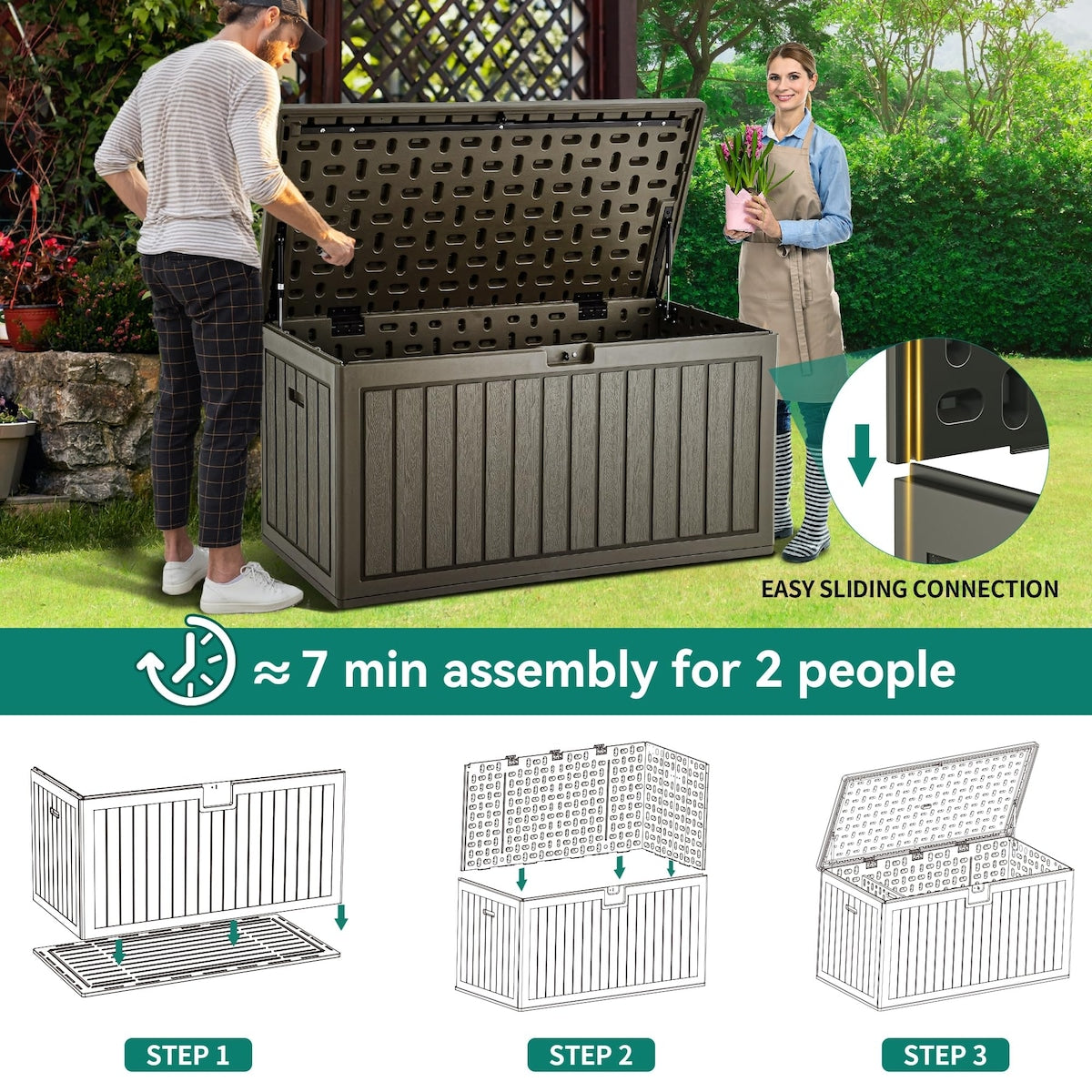 90 Gallon Large Deck Box, Double-Wall Resin Outdoor Storage Boxes, Deck Storage for Patio Furniture, Cushions, Garden Tool