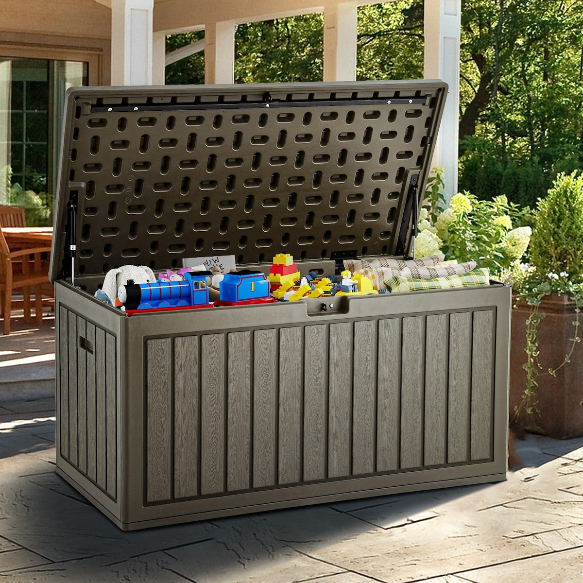 90 Gallon Large Deck Box, Double-Wall Resin Outdoor Storage Boxes, Deck Storage for Patio Furniture, Cushions, Garden Tool