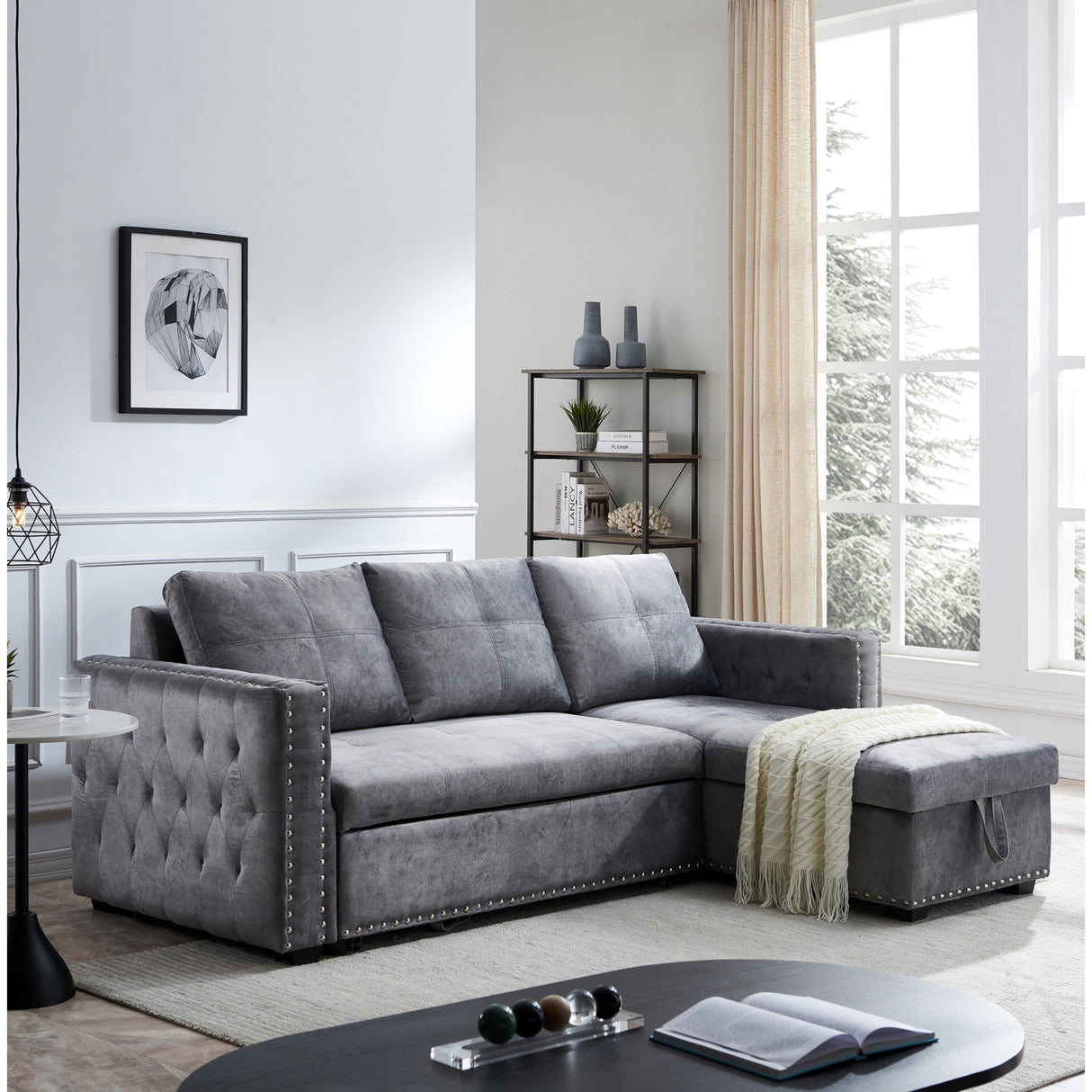 90.5" Wide Sectional Sofa Bed with Storage Chaise