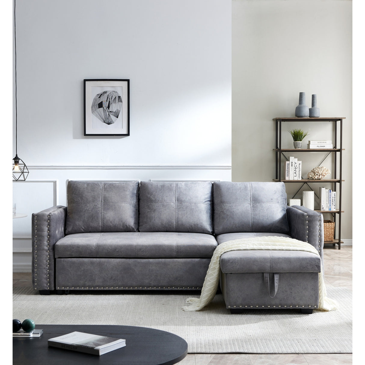 90.5" Wide Sectional Sofa Bed with Storage Chaise