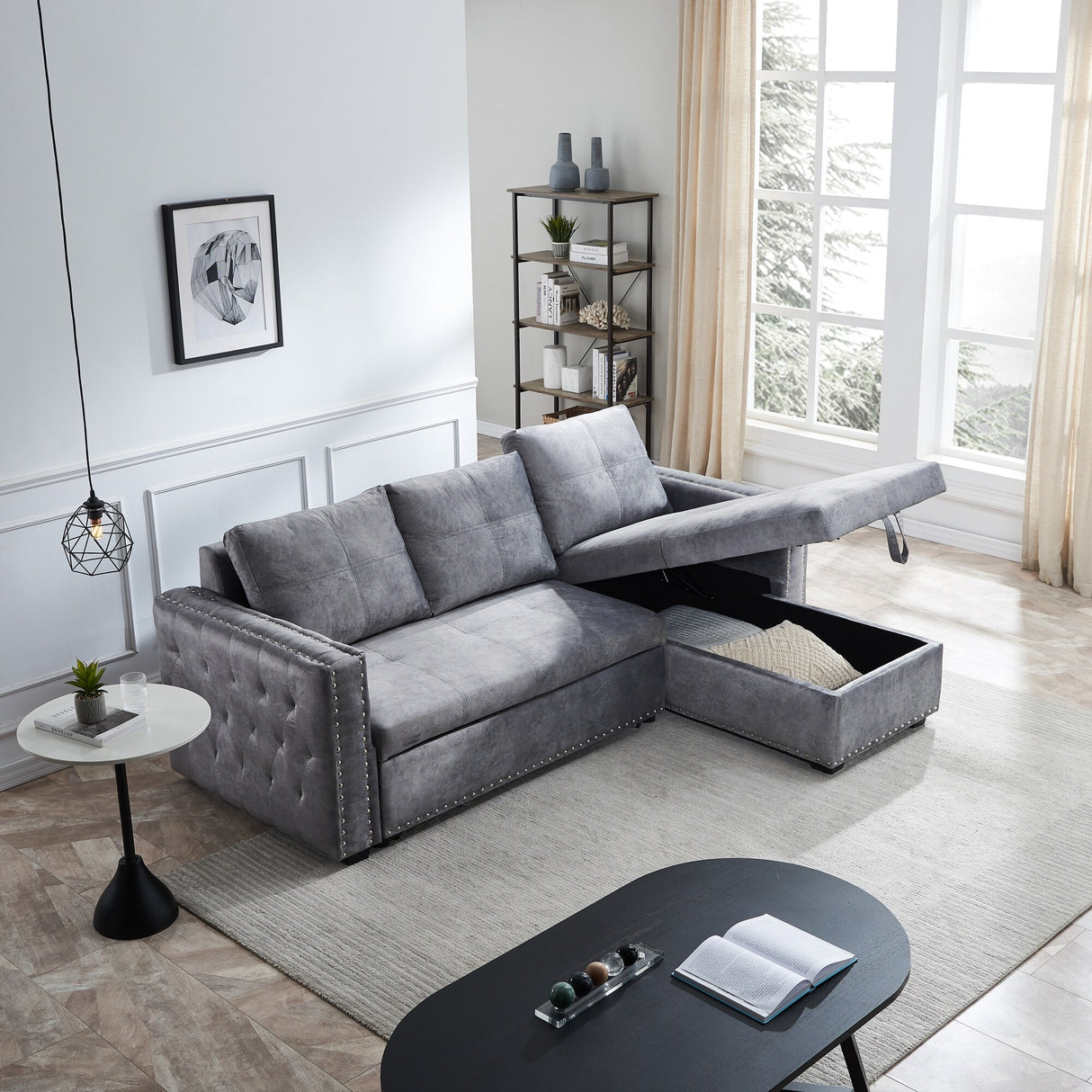 90.5" Wide Sectional Sofa Bed with Storage Chaise