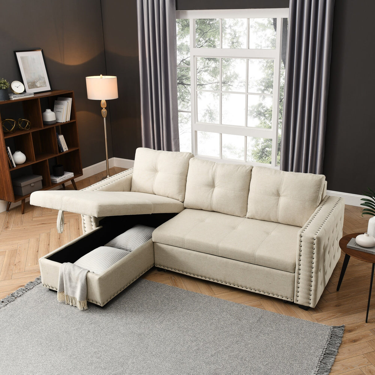 90.5" Wide Sectional Sofa Bed with Storage Chaise