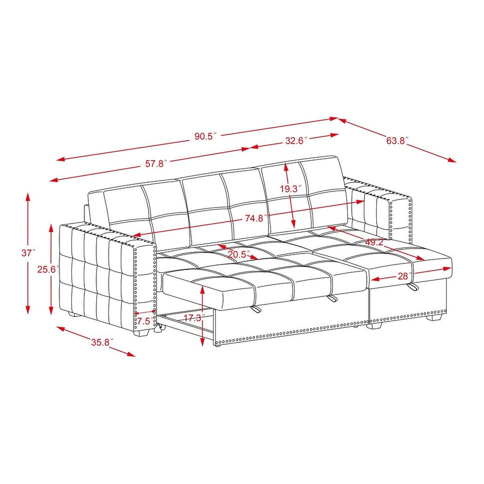 90.5" Wide Sectional Sofa Bed with Storage Chaise