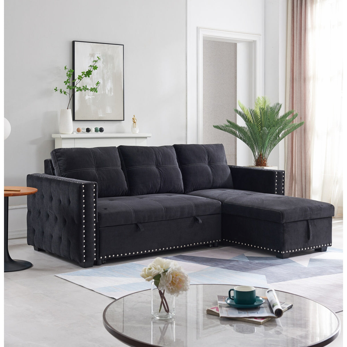 90.5" Wide Sectional Sofa Bed with Storage Chaise