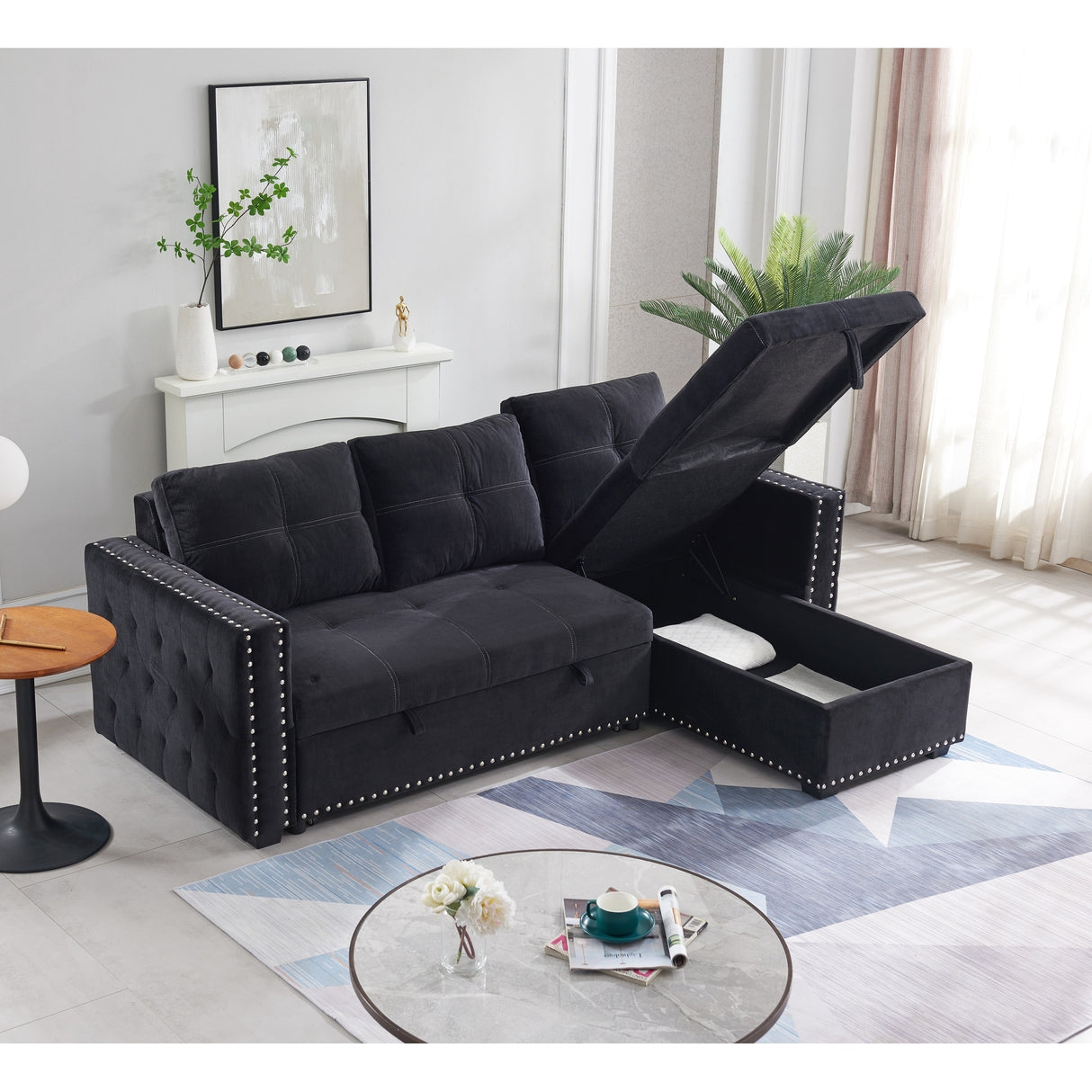 90.5" Wide Sectional Sofa Bed with Storage Chaise