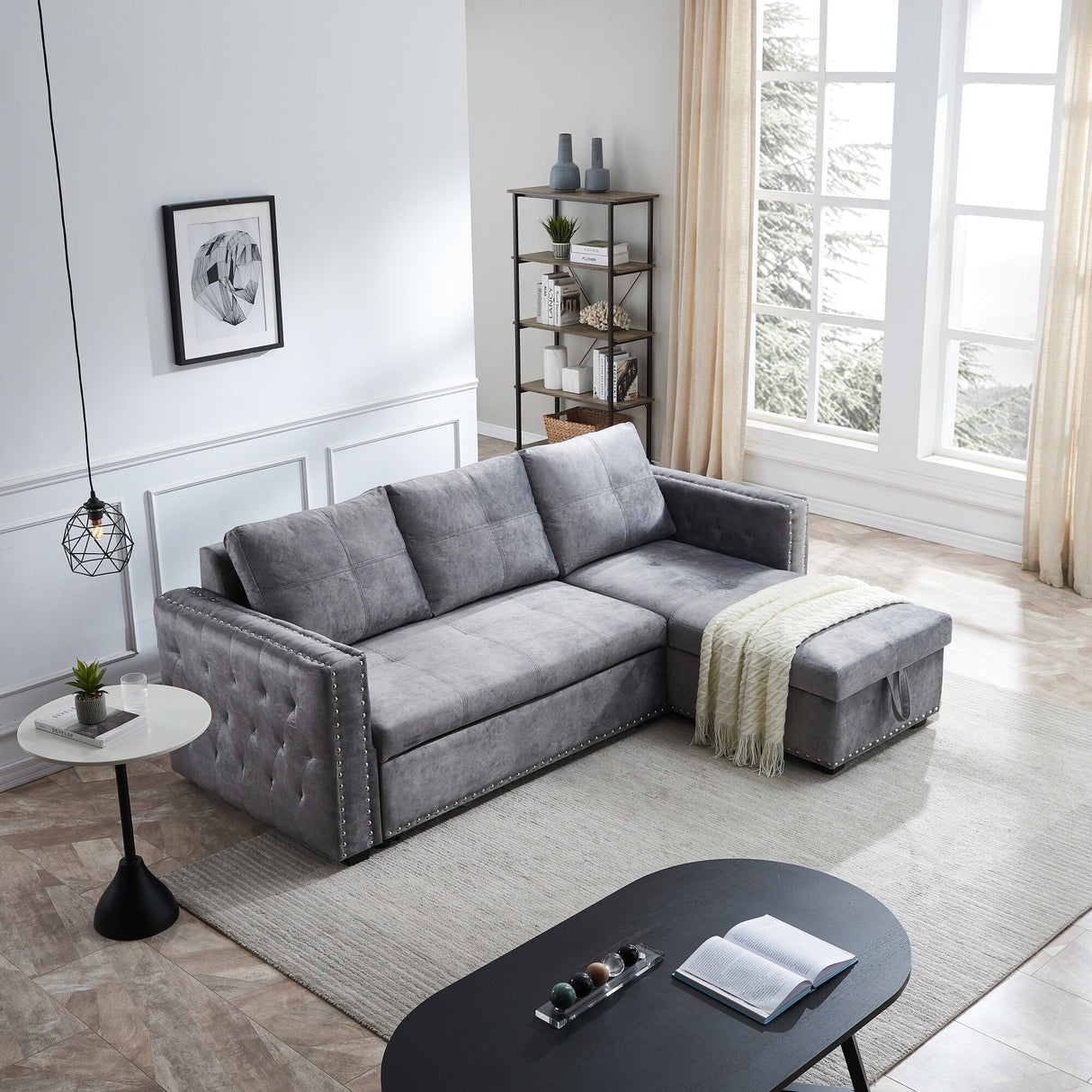 90.5" Wide Sectional Sofa Bed with Storage Chaise