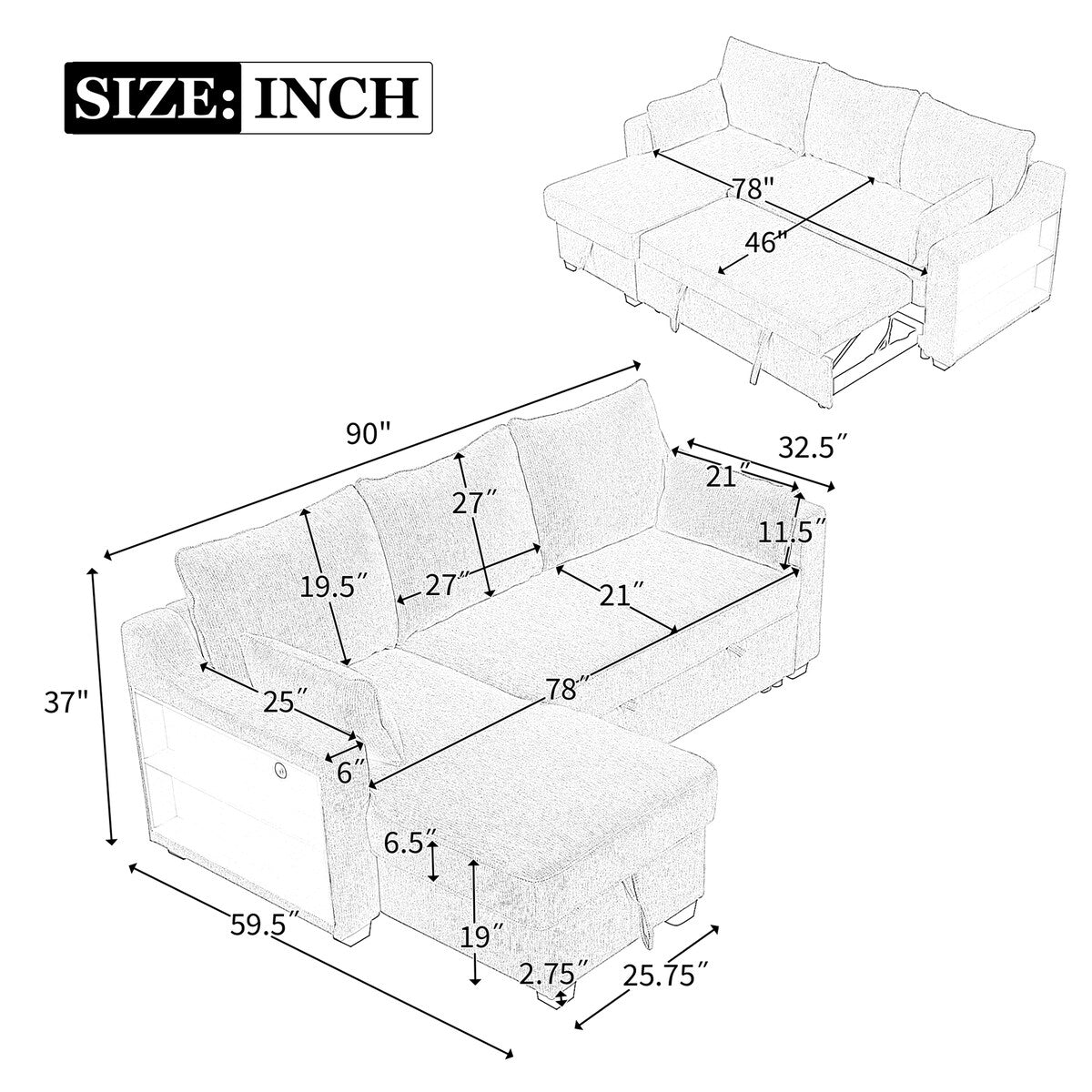 90" Pull Out Sleeper Sofa L-Shaped Couch Convertible Sofa Bed