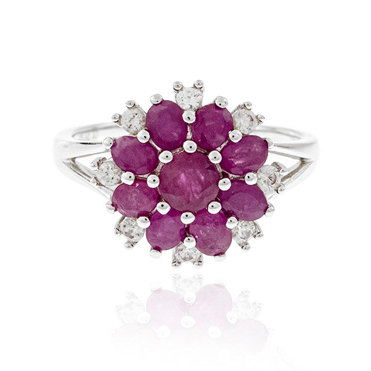 925 Sterling Silver African Ruby and White Zircon Gemstone Flower Ring