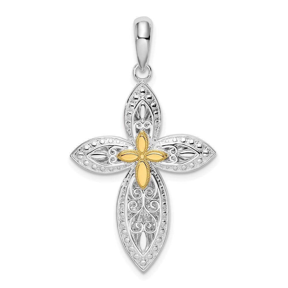 925 Sterling Silver Filigree Cross w/14k Two-Tone Accent Pendant (L-29.15mm, W-21.9mm)