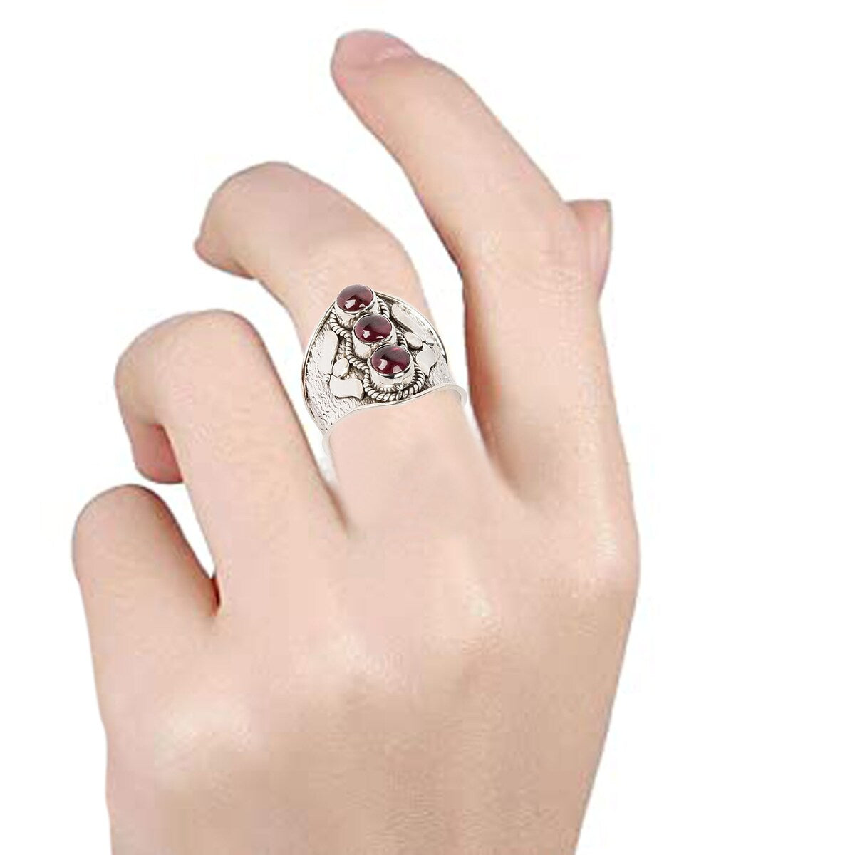 925 Sterling Silver Red Garnet 3-Stone Ring
