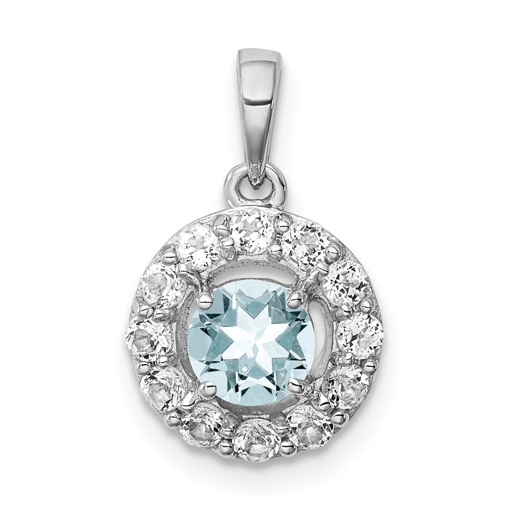 925 Sterling Silver Rhodium Plated White Topaz Aquamarine Pendant