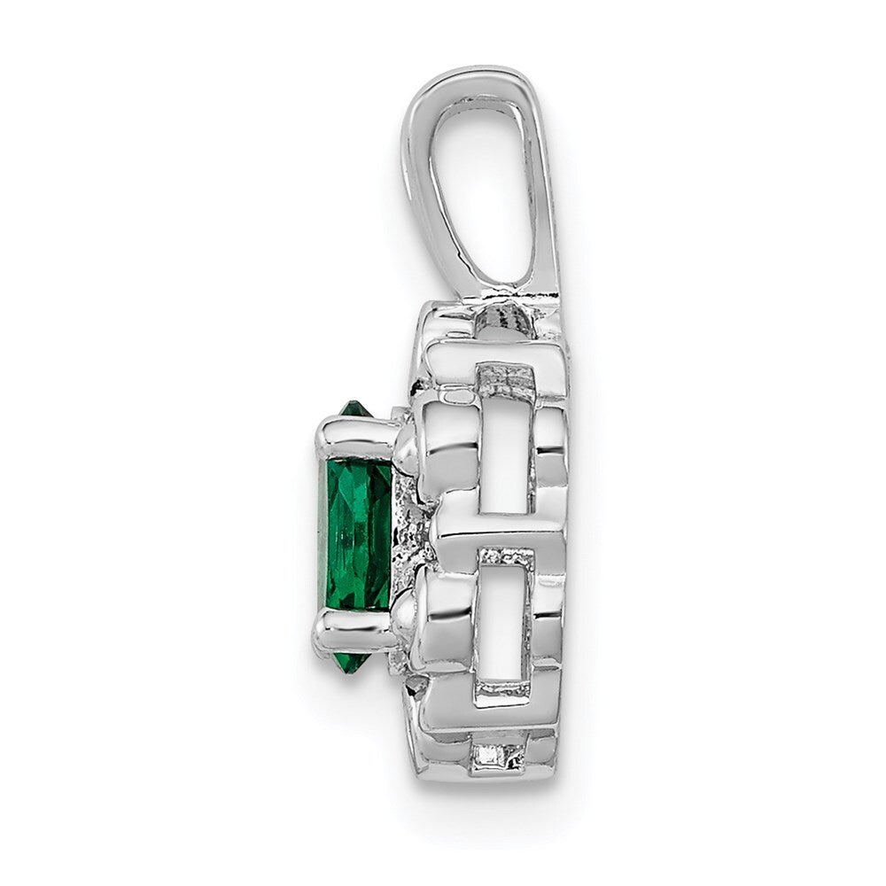 925 Sterling Silver Rhodium-plated Created Emerald Diam. Pendant