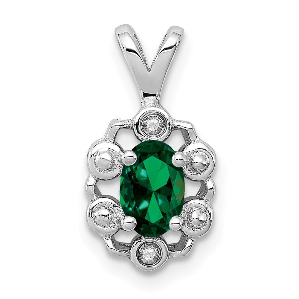 925 Sterling Silver Rhodium-plated Created Emerald Diam. Pendant
