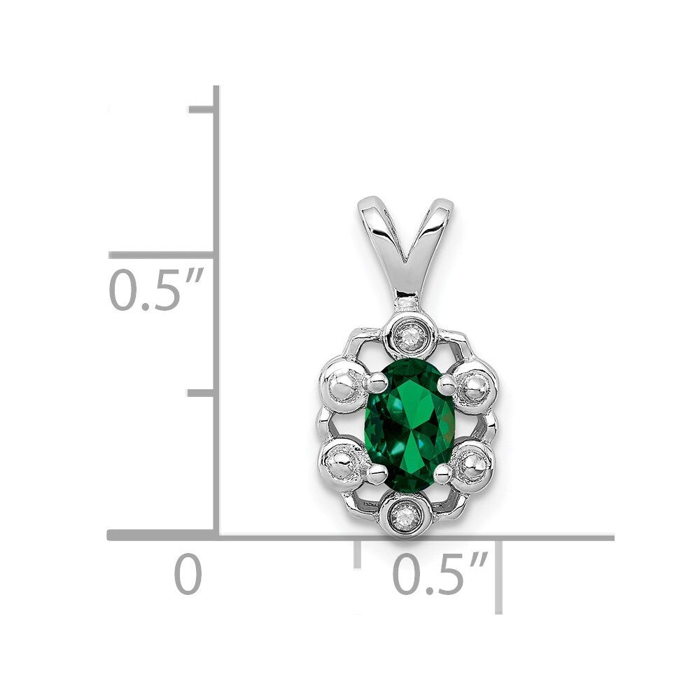 925 Sterling Silver Rhodium-plated Created Emerald Diam. Pendant