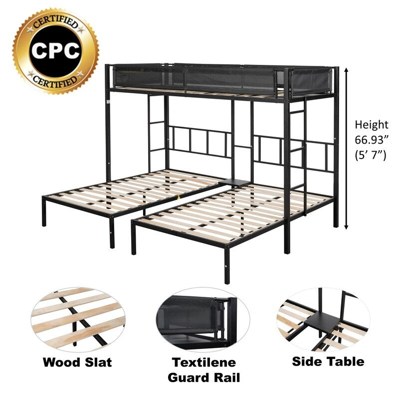 92" Metal Triple Bunk Bed 2 Side Ladders