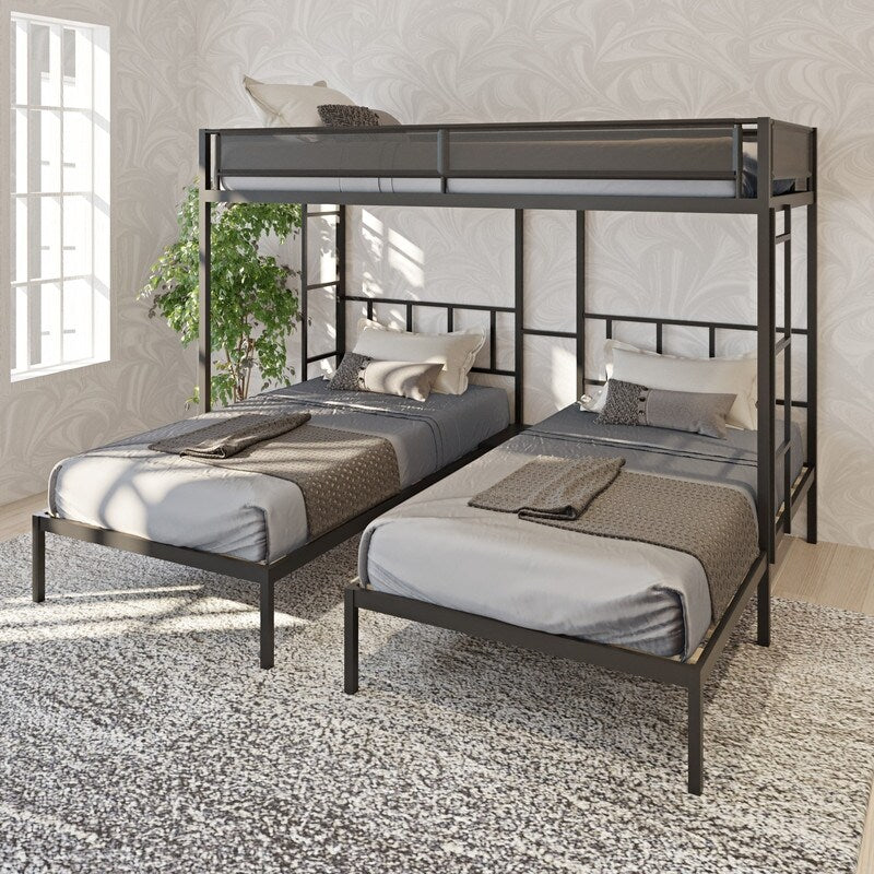 92" Metal Triple Bunk Bed 2 Side Ladders
