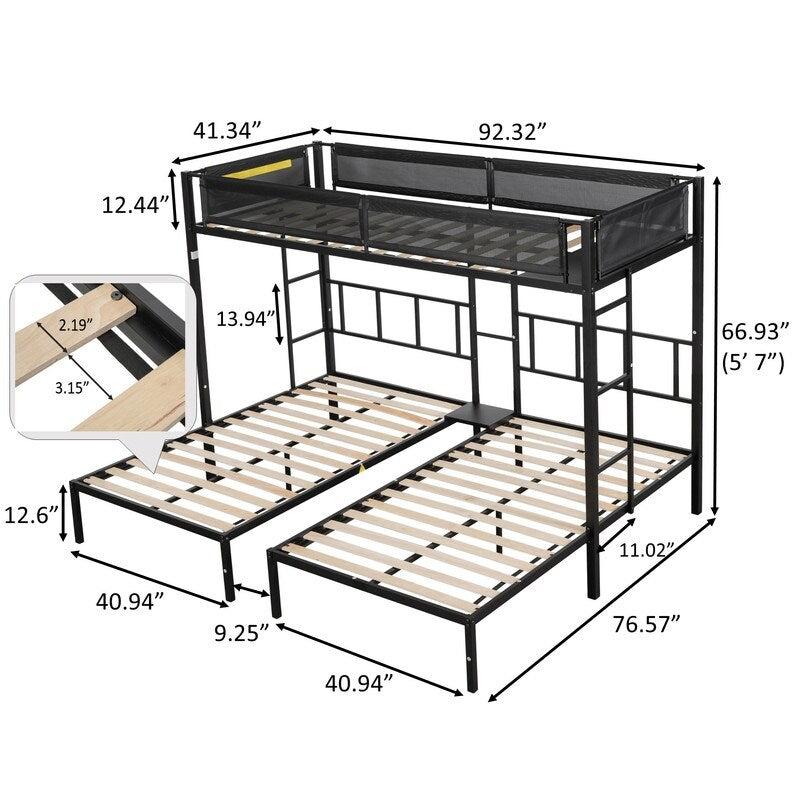 92" Metal Triple Bunk Bed 2 Side Ladders