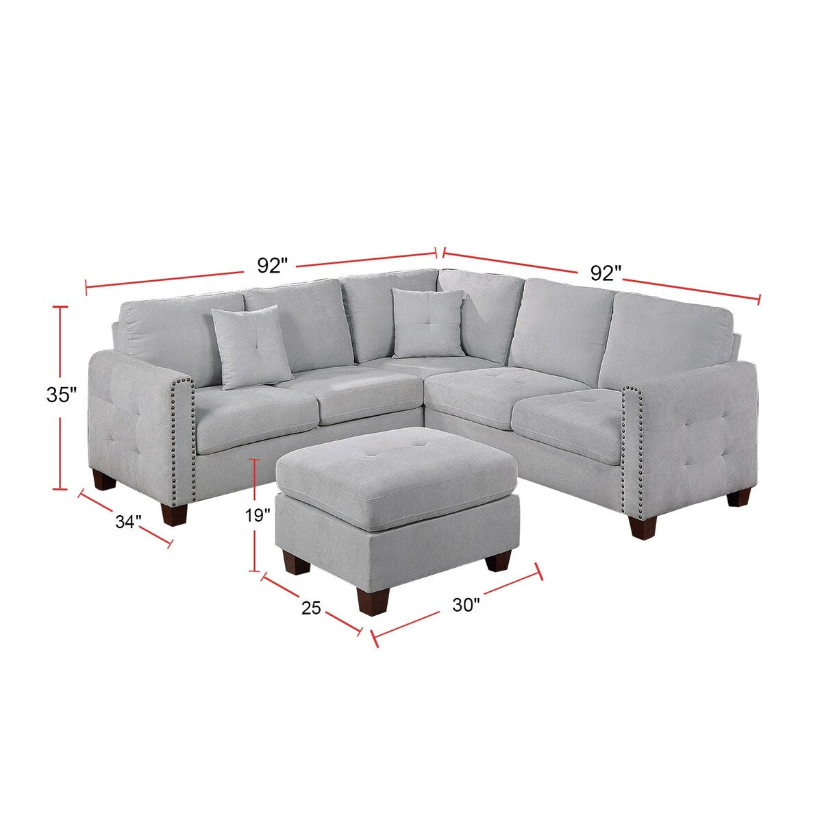 92" Wide Velvet Upholstery Sectional with Ottoman