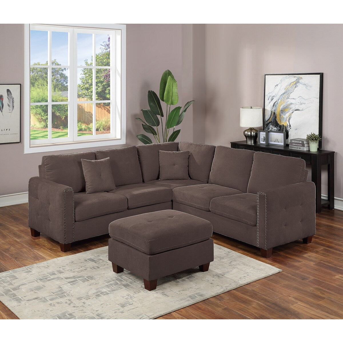 92" Wide Velvet Upholstery Sectional with Ottoman