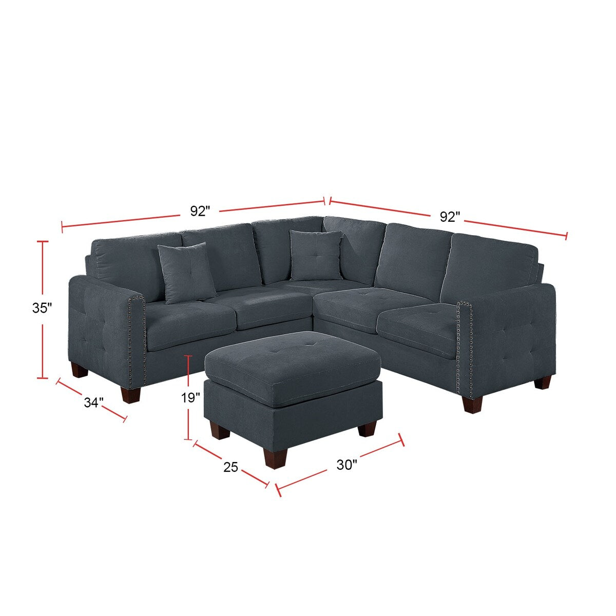 92" Wide Velvet Upholstery Sectional with Ottoman