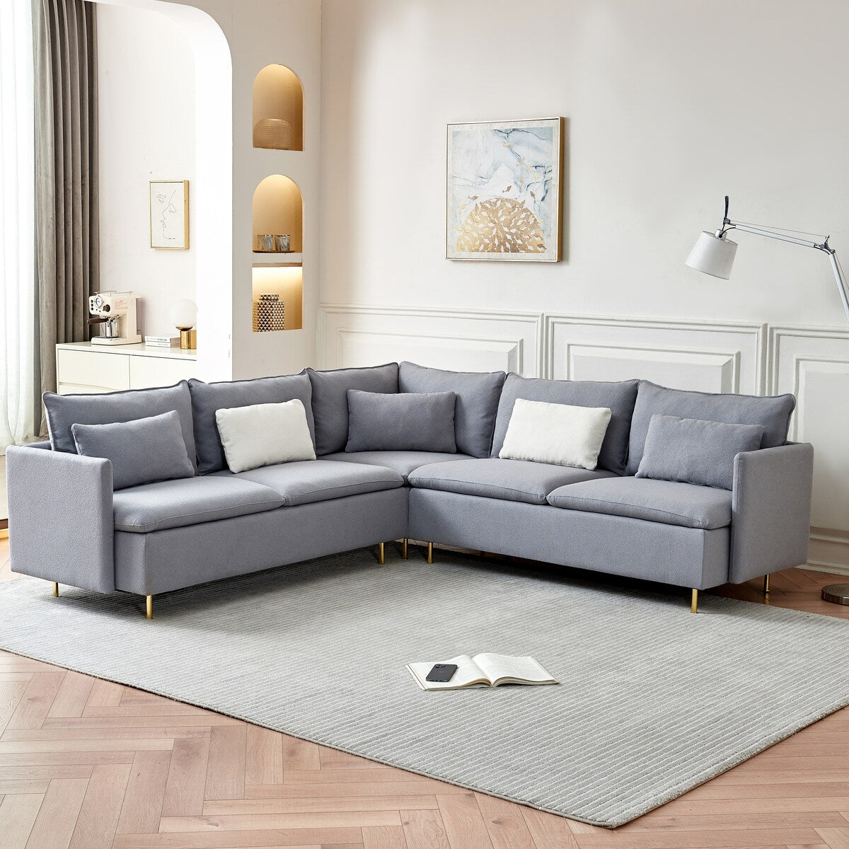 92"Teddy Fabric Sofa, Modern Corner Sectional Sofa with Support Pillow