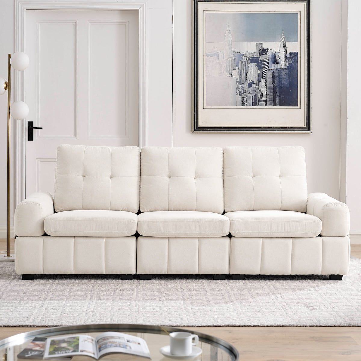 93" Modern Tufted Living Room Sleeper Three-section Upholstered Sofa with Storage Space