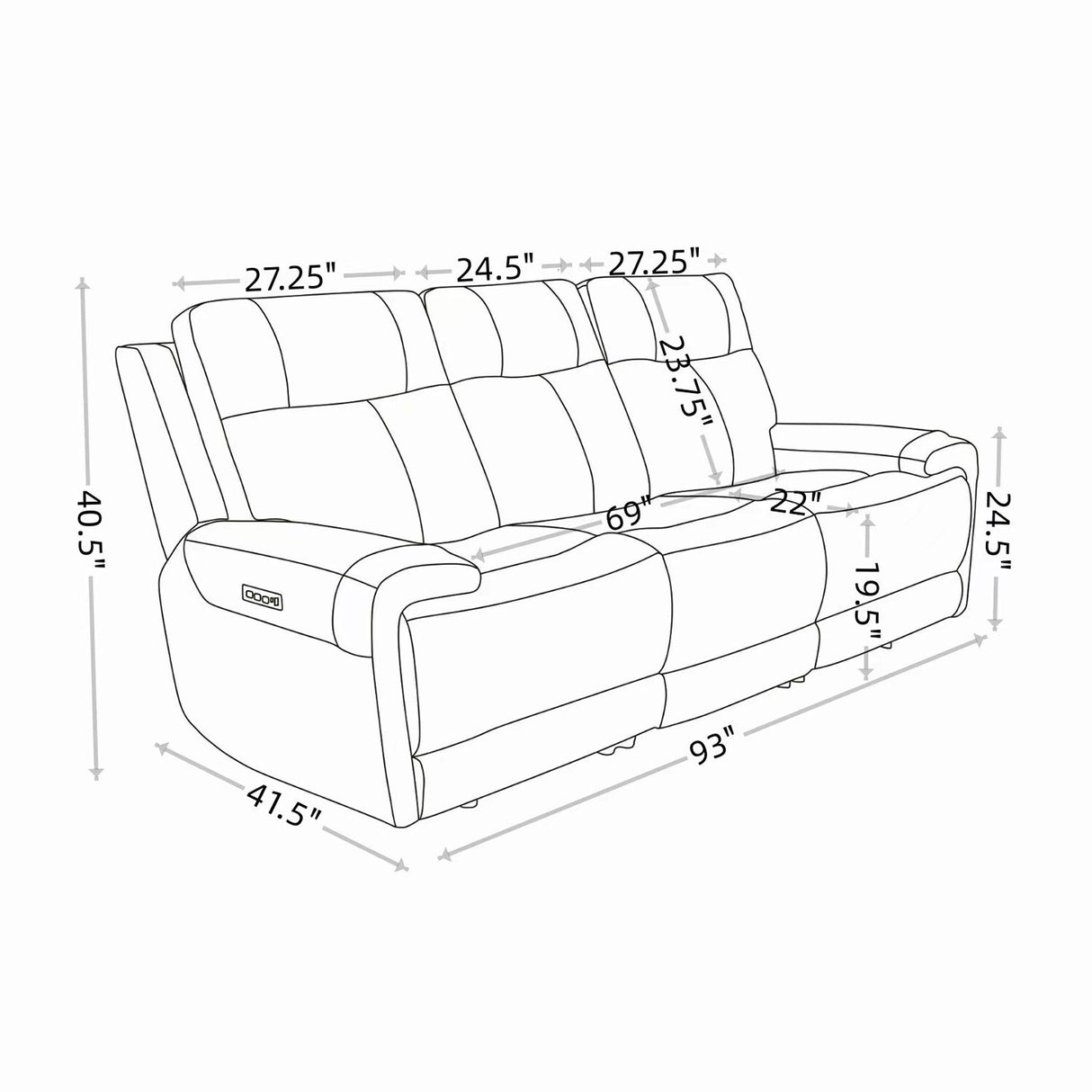 93" Wide Top Grain Leather Power Reclining Sofa with USB Port