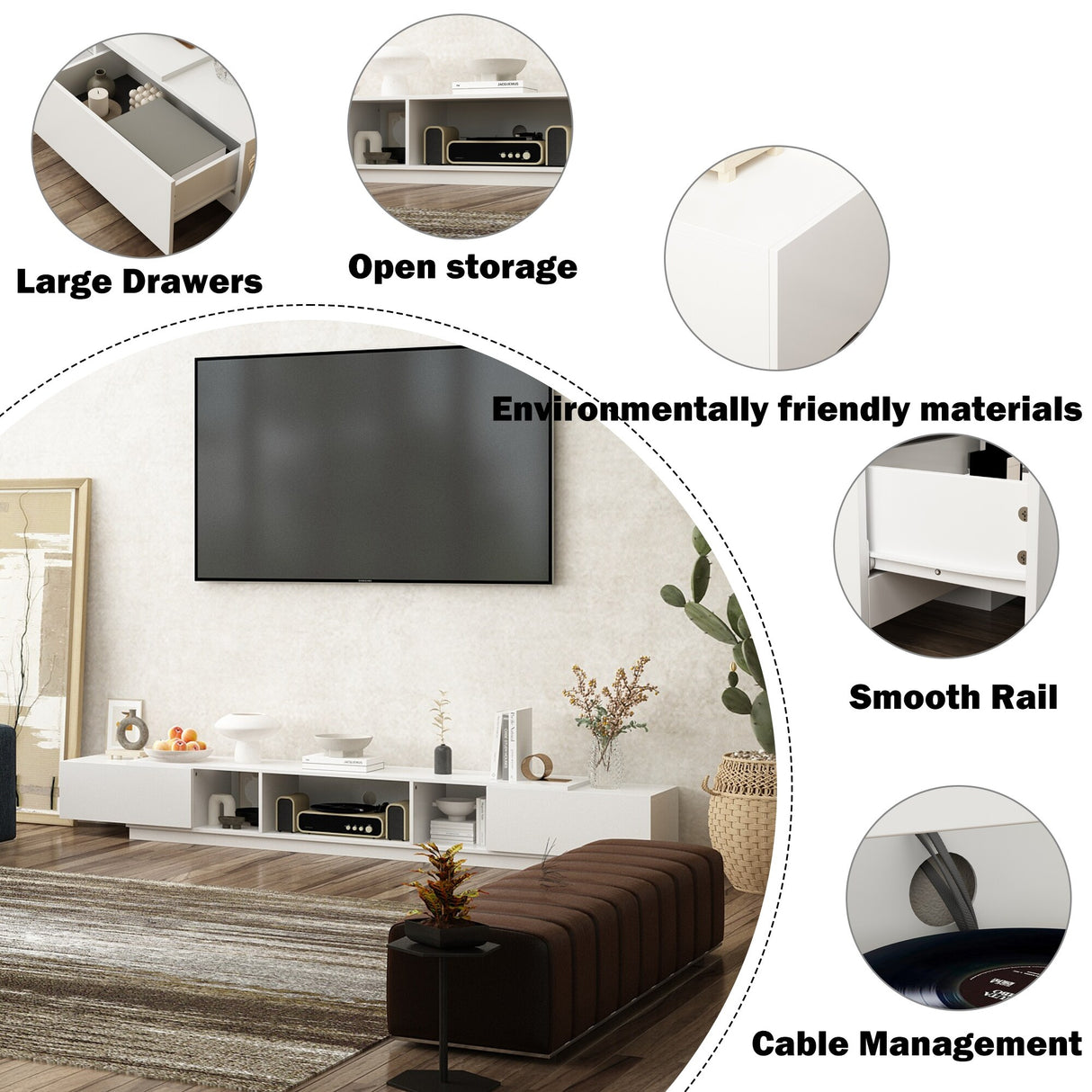 94.5" TV Stand Efficient Cable Management and Spacious Storage Console