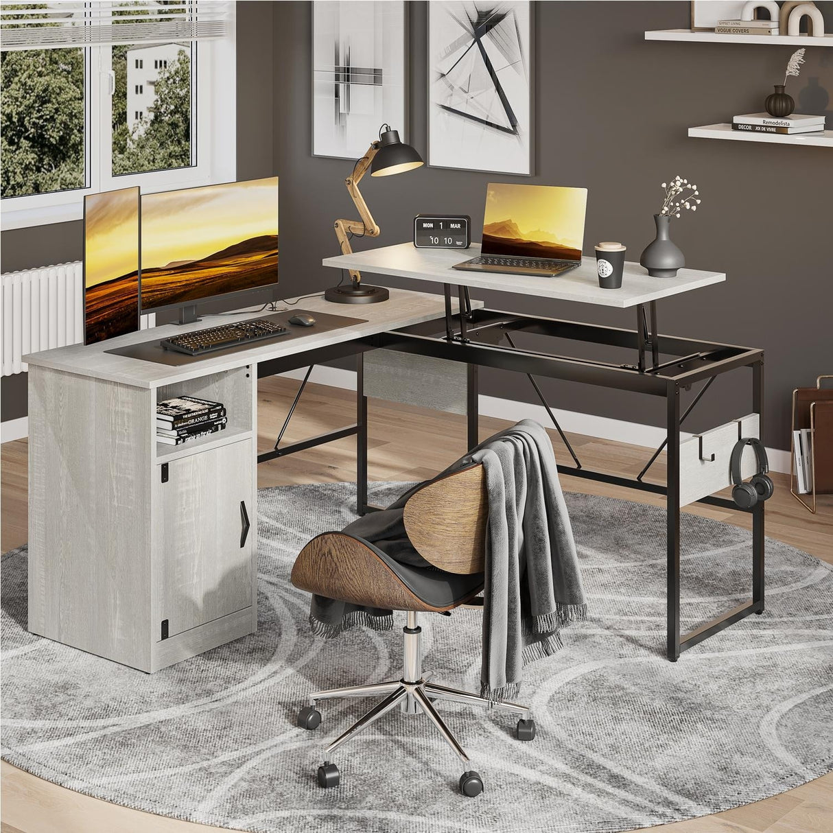 Versatile 60" L Shaped Standing Desk with Lift Top & Storage Cabinet, Corner Desk Extending to 95’’ with Hooks
