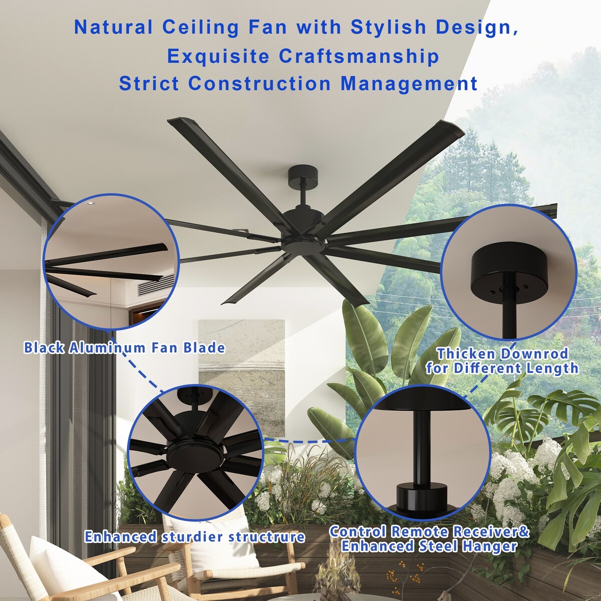 96-Inch Ceiling Fan with Black Aluminum Blades and DC Motor