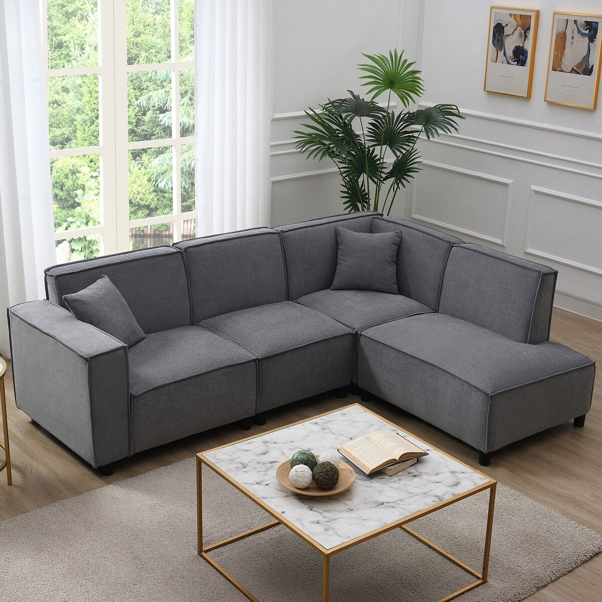 97*74" Modern Minimalist Sectional Sofa,L-shaped Couch Set With 2 Free
