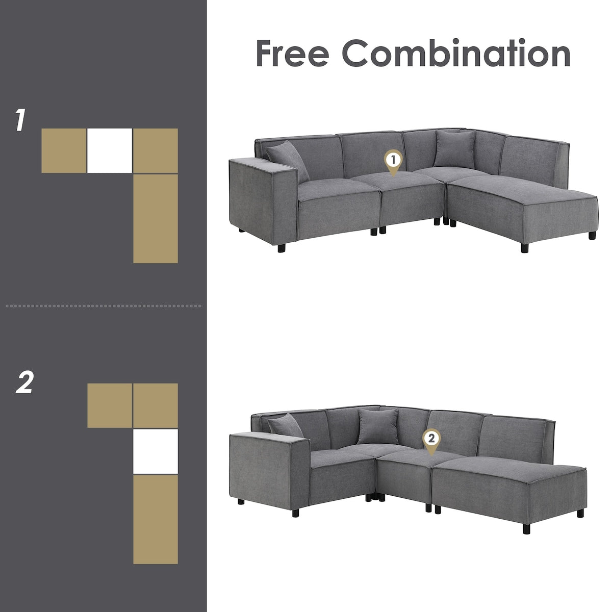 97*74" Sectional Sofa Couch With 2 Free Pillows And Chaise Lounge,5-Se
