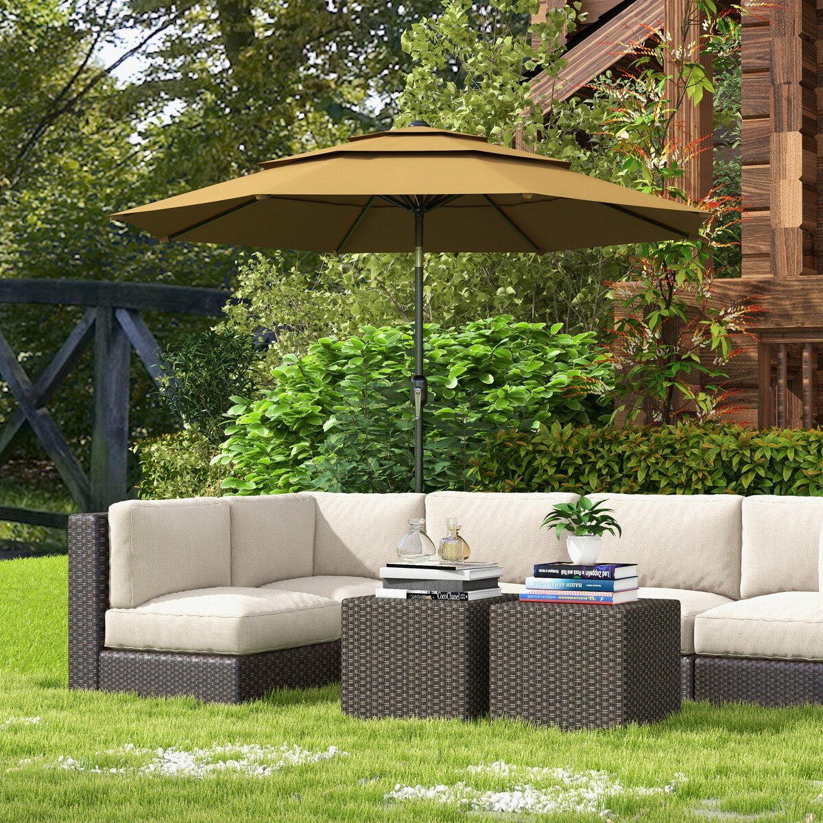9FT 3 Tiers Patio Umbrella with Crank and Push Button Tilt