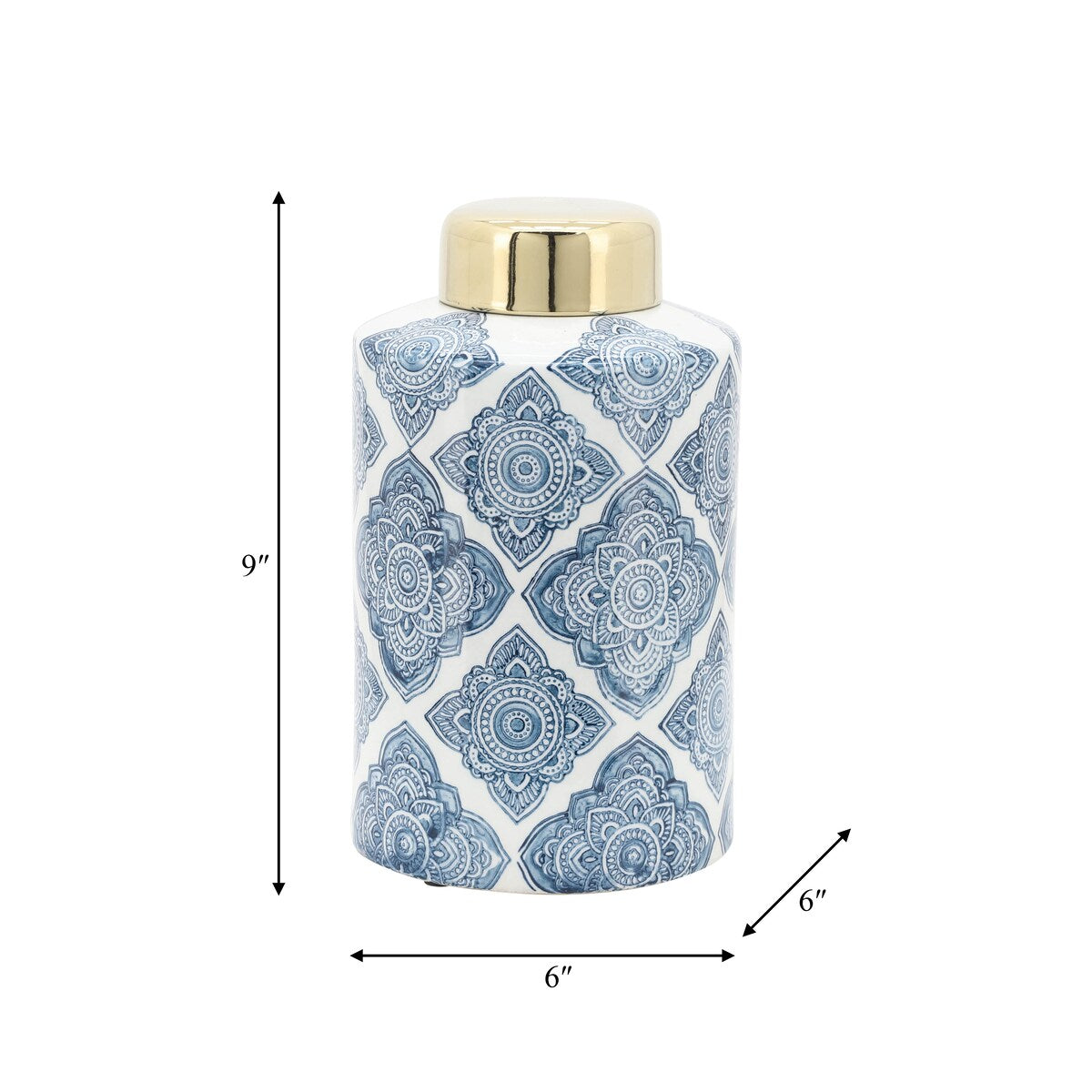 9" Ceramic Jar Contemporary Blue and White Floral Design Decorative Jar Accent Home or Office Table Decor Kitchen - 6" x 6" x 9"
