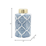 9" Ceramic Jar Contemporary Blue and White Floral Design Decorative Jar Accent Home or Office Table Decor Kitchen - 6" x 6" x 9"