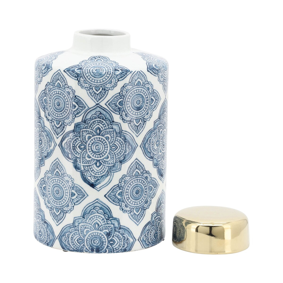 9" Ceramic Jar Contemporary Blue and White Floral Design Decorative Jar Accent Home or Office Table Decor Kitchen - 6" x 6" x 9"