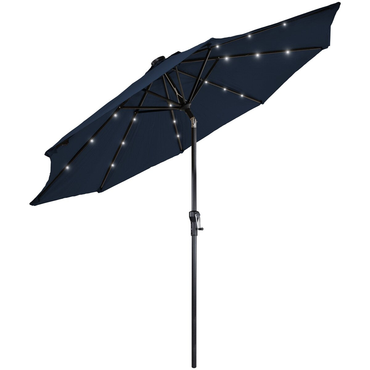 9Ft Solar Lighted Patio Market Umbrella Hand Crank Tilt Navy Blue