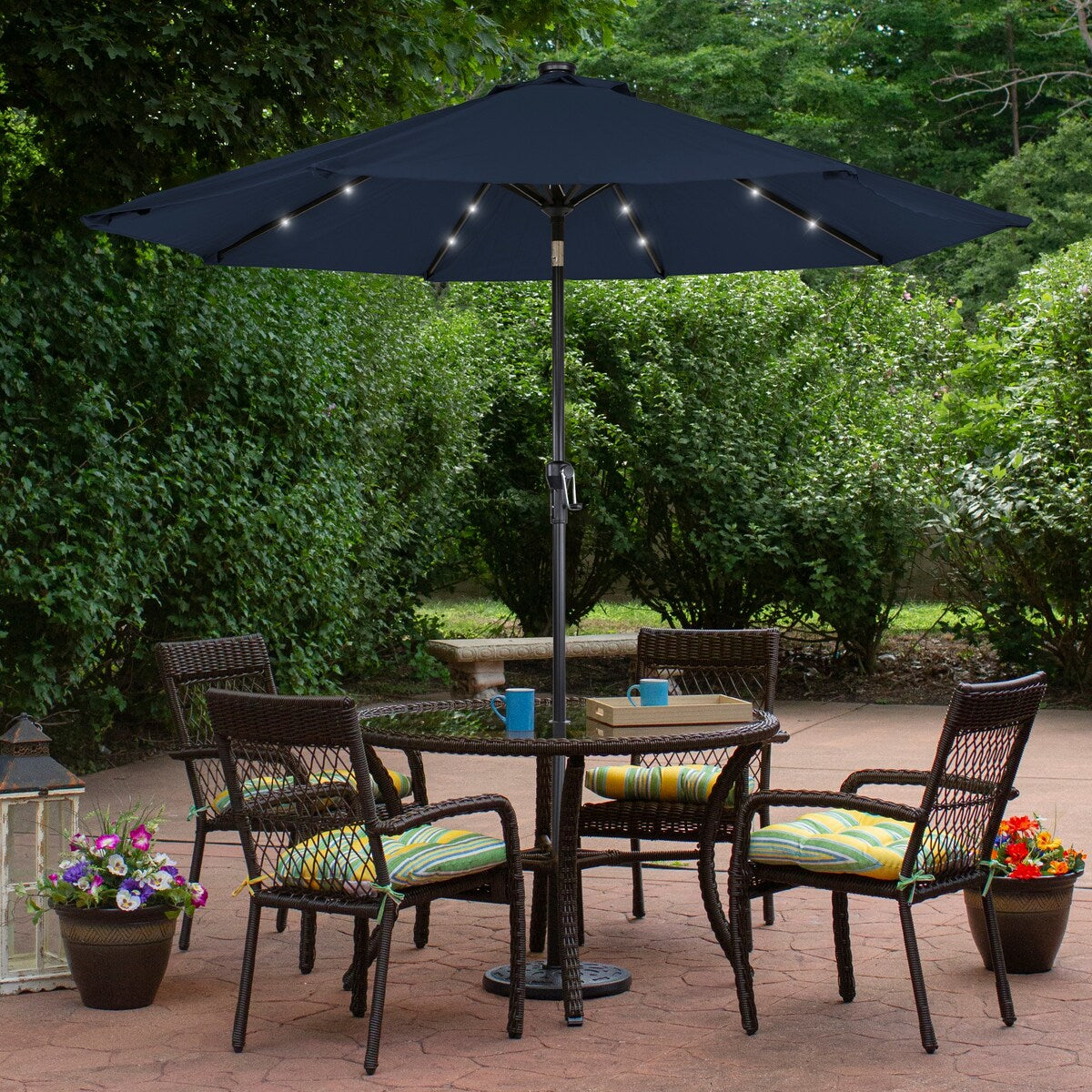 9Ft Solar Lighted Patio Market Umbrella Hand Crank Tilt Navy Blue